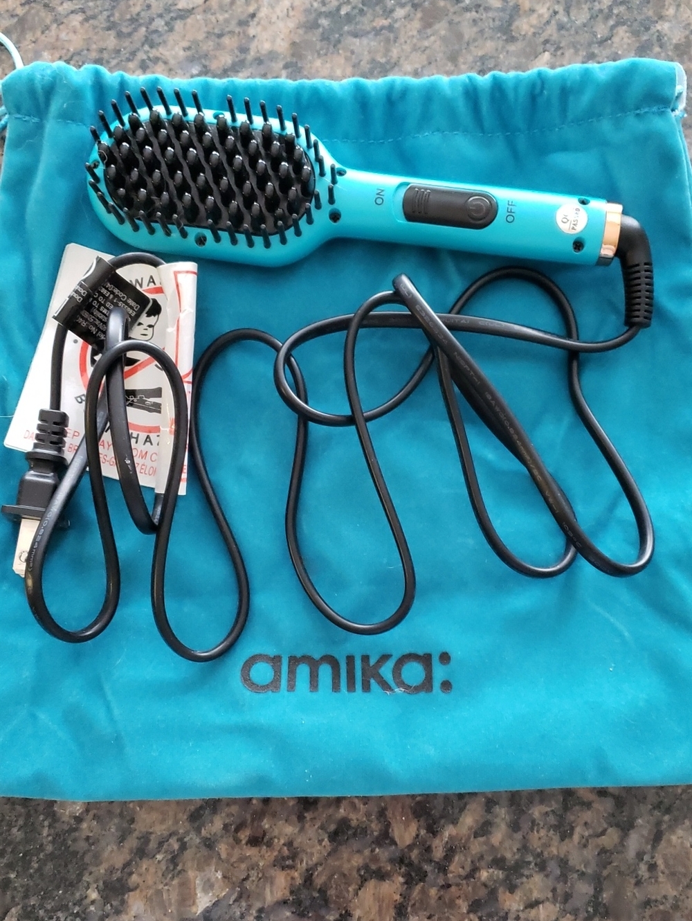 amika Teal Hair Straightening Brush with Travel Pouch